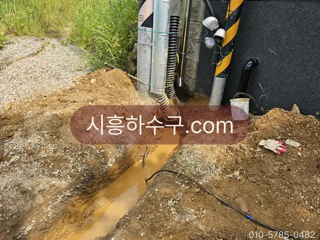 건물 밖 땅속 수도관 누수로 흙이 젖어 있는 현장