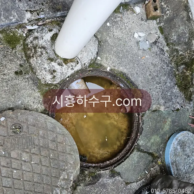 선홈통 하단이 이어지는 우수 맨홀에 빗물이 고인 상태